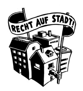 Haeuser mit Recht auf Stadt Banner in der Hand